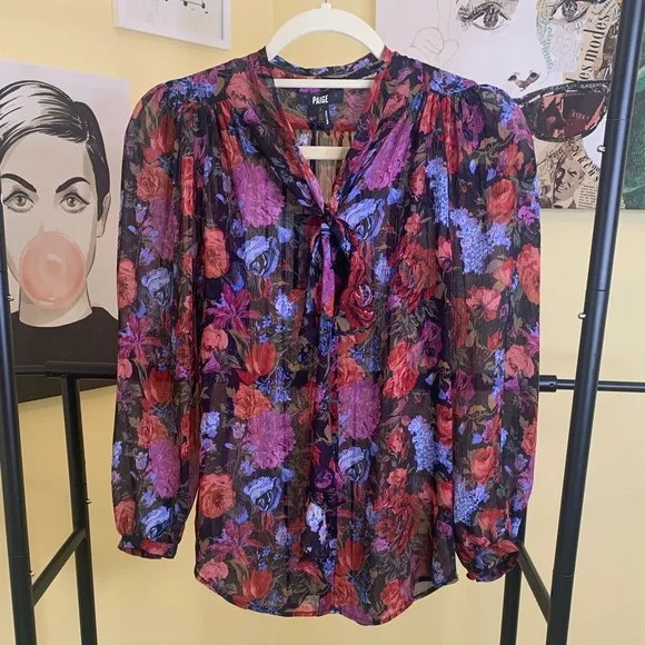 💫HP‼️💫 100% SILK NWT PAIGE Elynne Floral Blouse w/ Neck Tie in Black, Size XXS - Picture 7 of 8